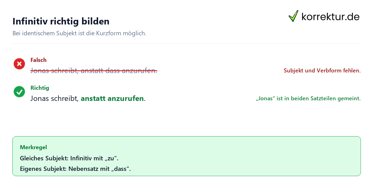 Infinitiv richtig bilden Satzverbindung mit „anstatt dass“ und „anstatt zu“ richtig bilden