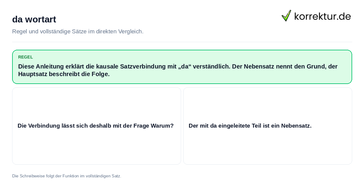 Konkrete Regel und vollständige Beispielsätze zu da wortart