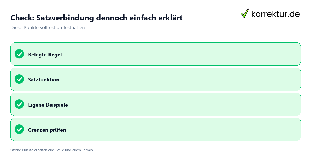 Satzverbindung dennoch einfach erklärt mit Checkliste für Unterlagen und nächste Schritte