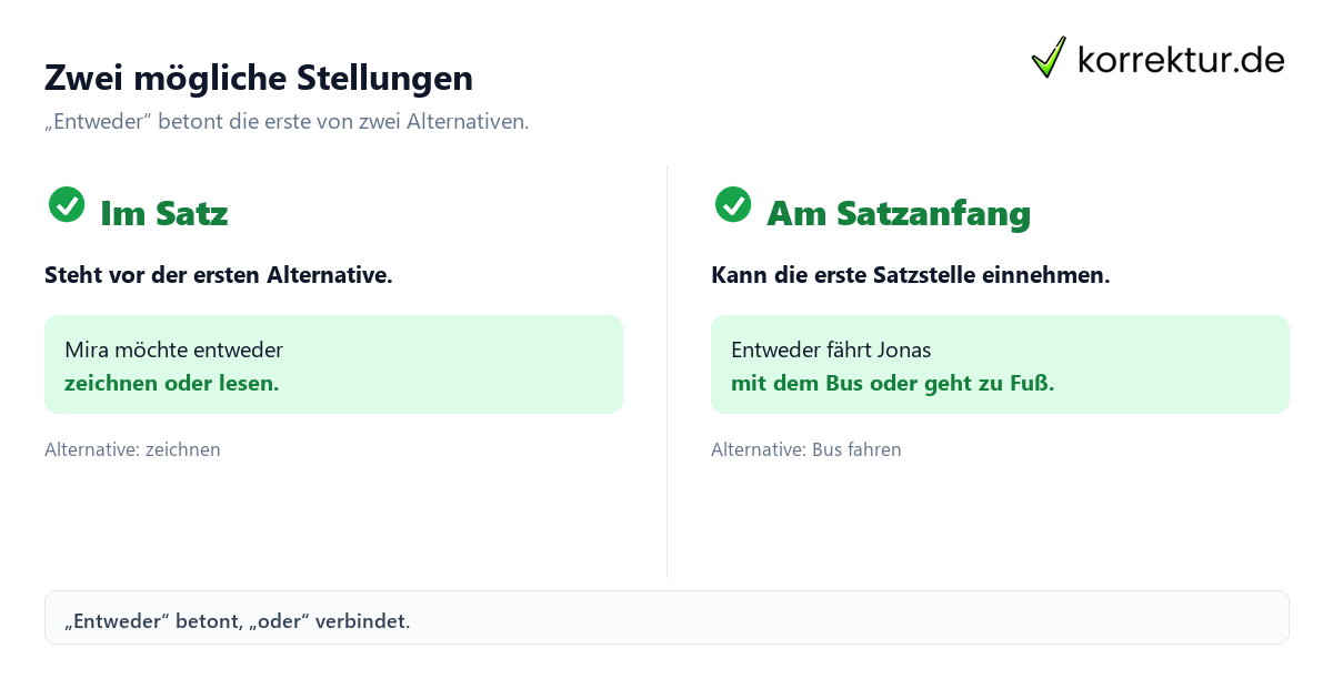 Zwei mögliche Stellungen Wie „entweder“ eine Alternative betont: Stellung im Satz