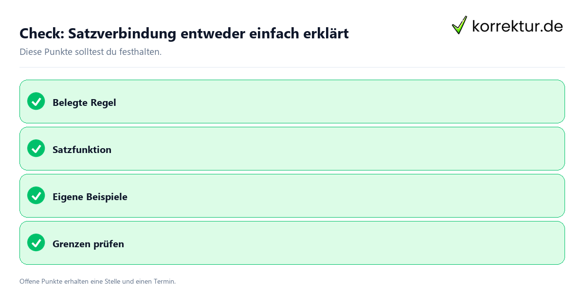 Satzverbindung entweder einfach erklärt mit Checkliste für Unterlagen und nächste Schritte