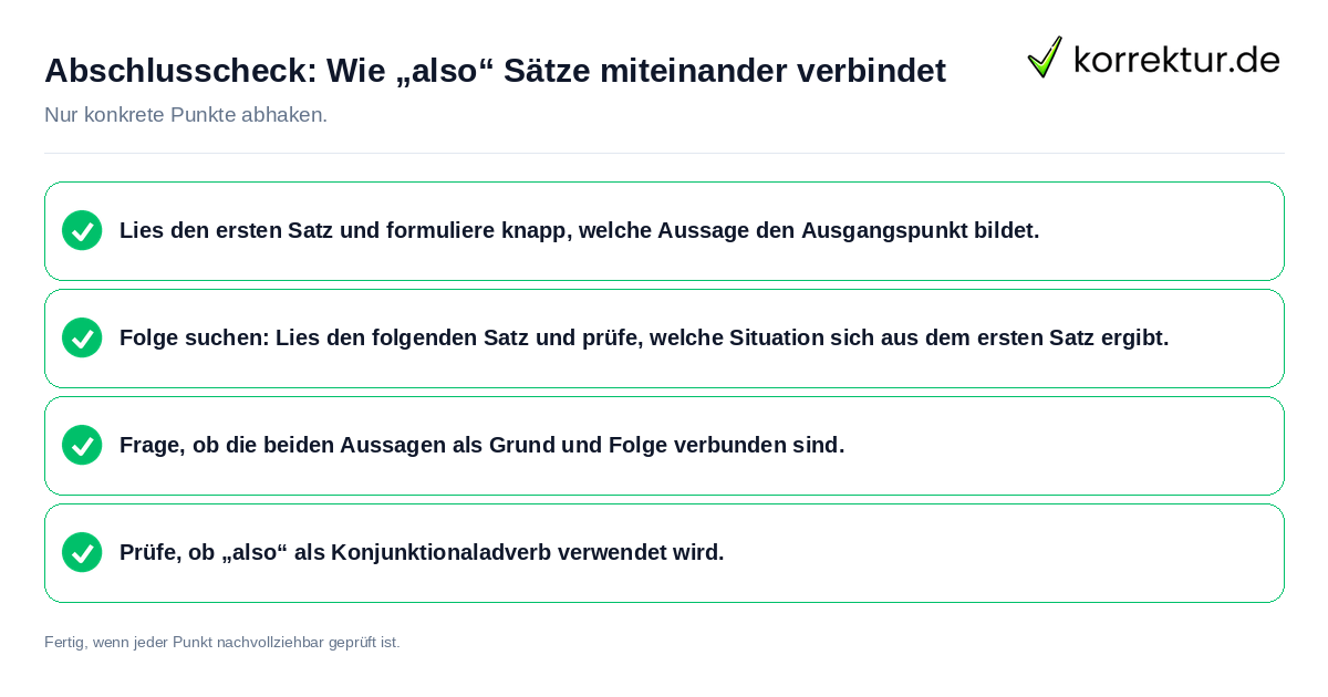 Konkreter Abschlusscheck zu Wie „also“ Sätze miteinander verbindet