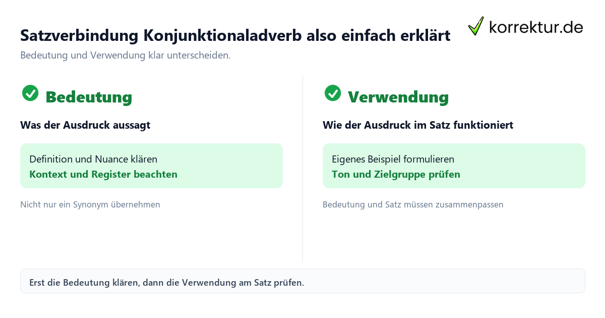 Satzverbindung Konjunktionaladverb also einfach erklärt mit Bedeutung und passender Verwendung im Vergleich
