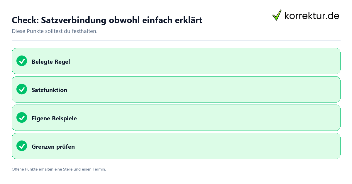 Satzverbindung obwohl einfach erklärt mit Checkliste für Unterlagen und nächste Schritte