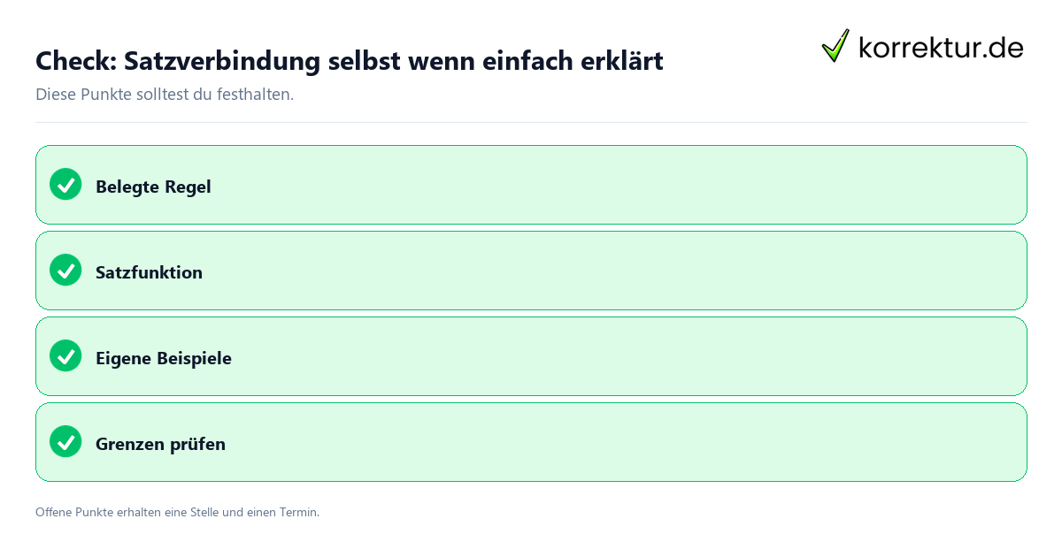 Satzverbindung selbst wenn einfach erklärt mit Checkliste für Unterlagen und nächste Schritte