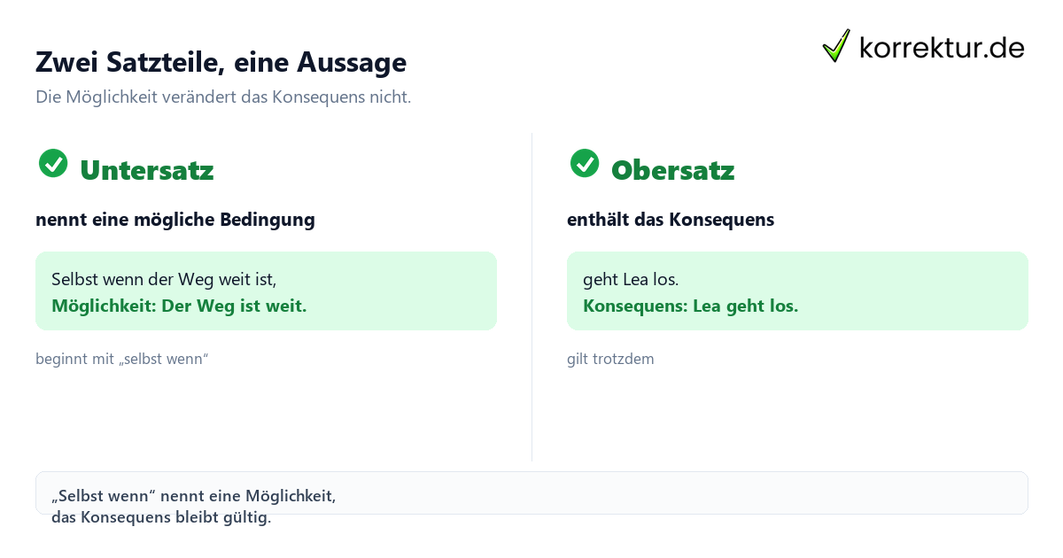 Zwei Satzteile, eine Aussage Wie „selbst wenn“ einen Satz verbindet: Untersatz und Konsequens