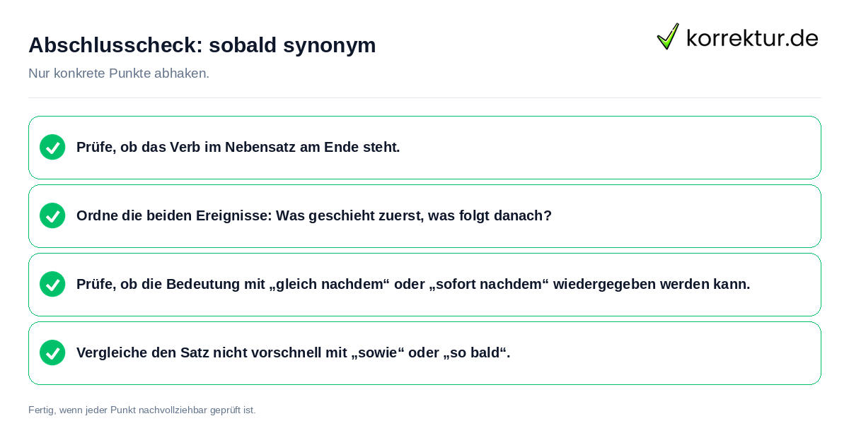 Konkreter Abschlusscheck zu sobald synonym
