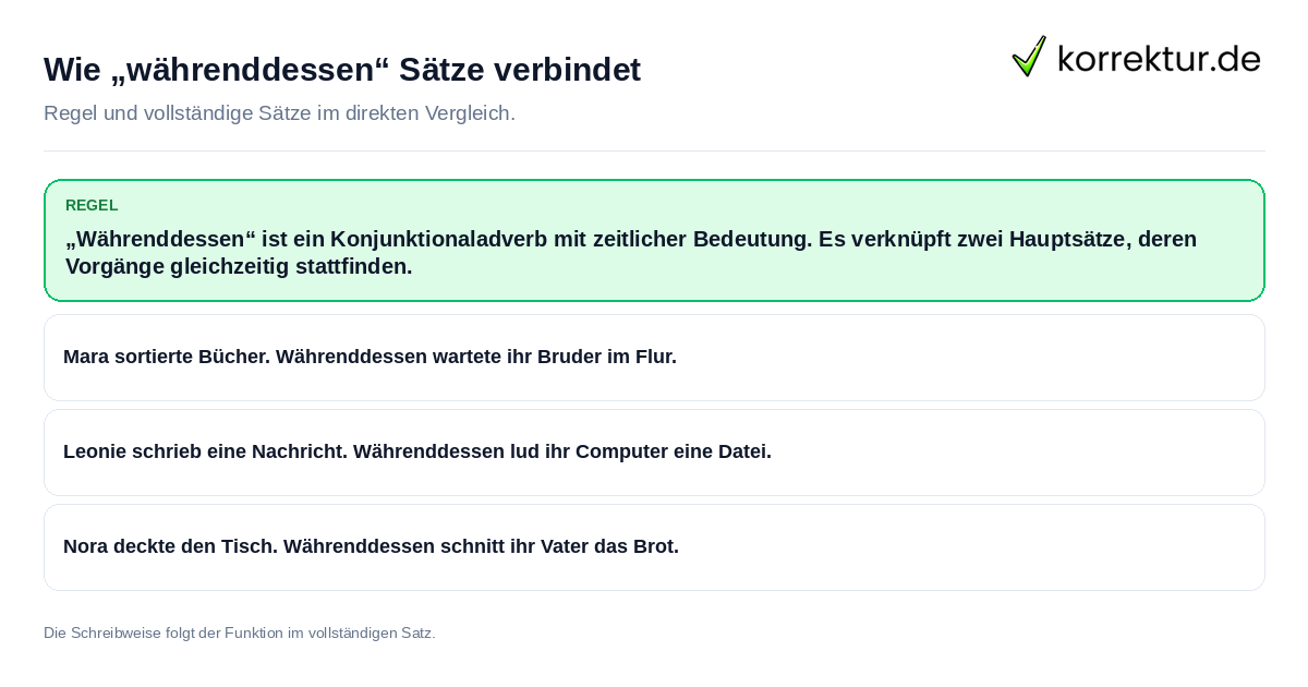 Konkrete Regel und vollständige Beispielsätze zu Wie „währenddessen“ Sätze verbindet