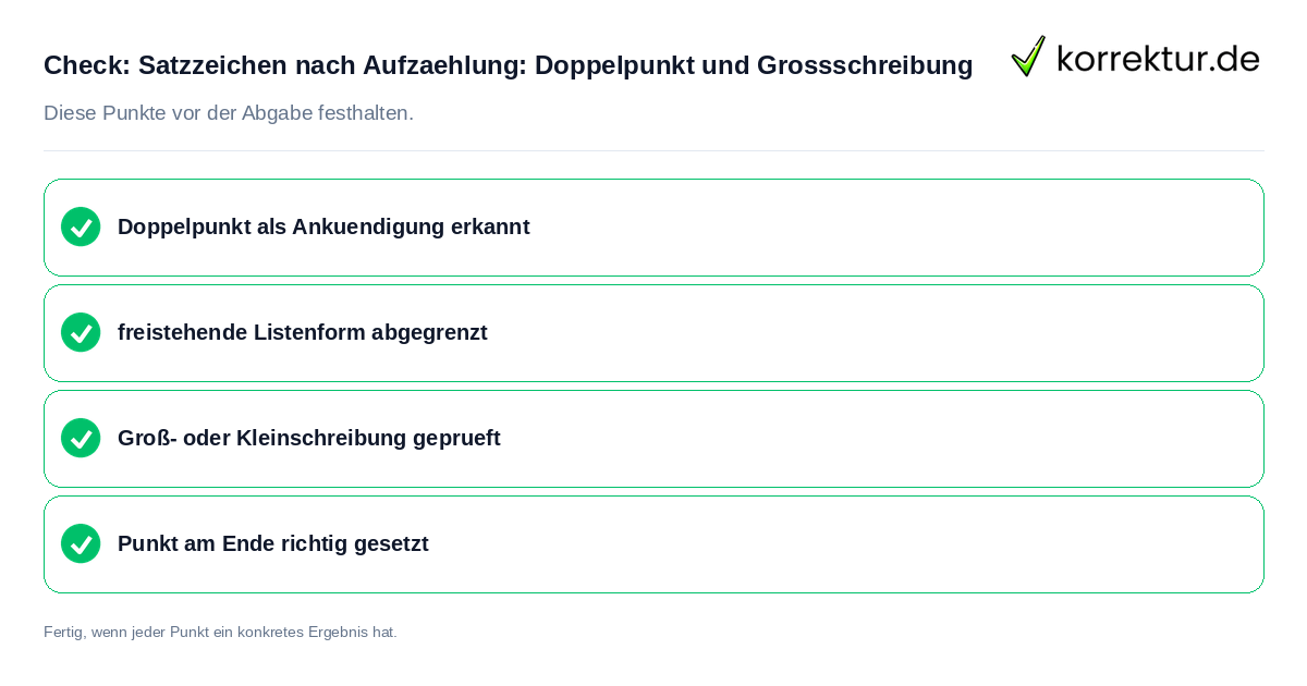 Check: Satzzeichen nach Aufzählung: Doppelpunkt und Großschreibung Satzzeichen nach Aufzählung: Doppelpunkt und Großschreibung: Prüfliste mit vier Punkten