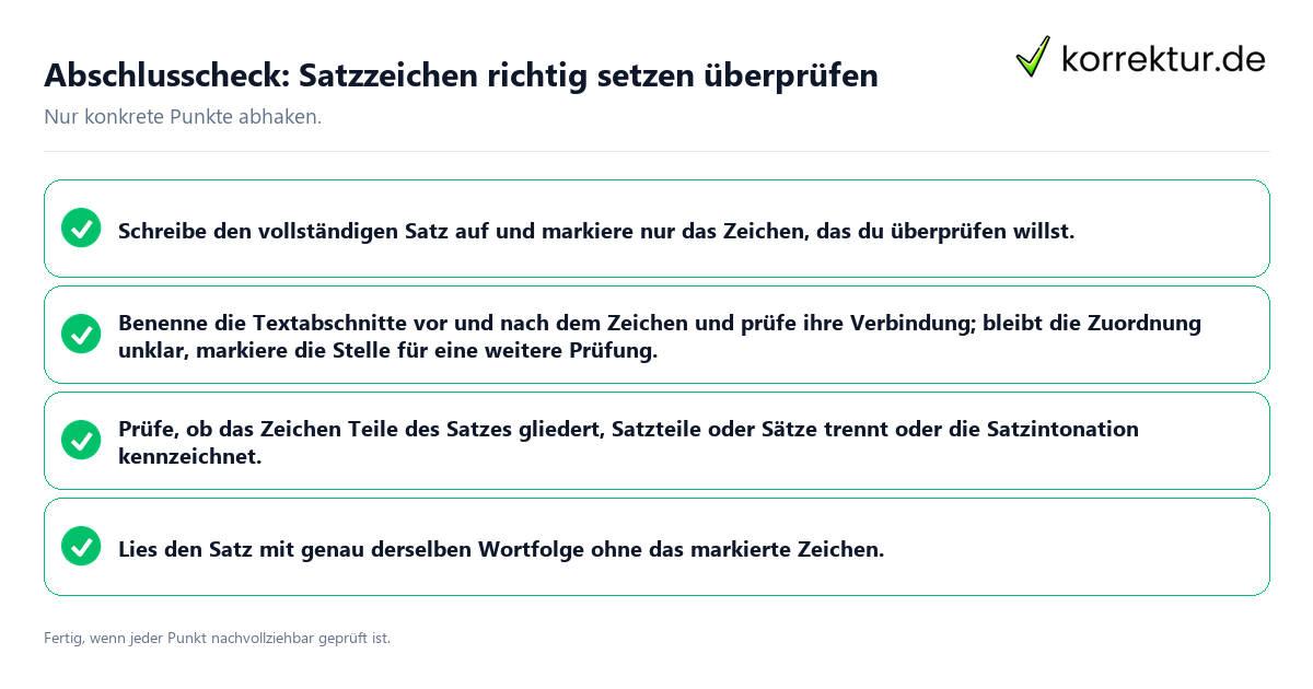 Konkreter Abschlusscheck zu Satzzeichen richtig setzen überprüfen