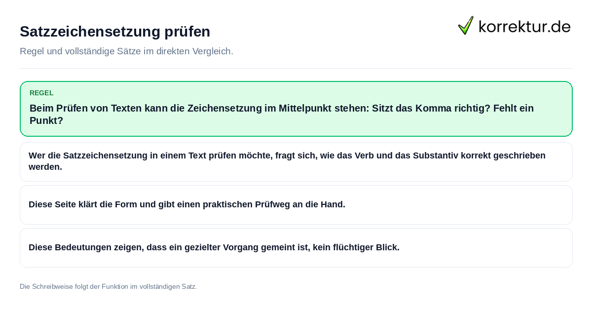 Satzzeichensetzung prüfen Konkrete Regel und vollständige Beispielsätze zu Satzzeichensetzung prüfen