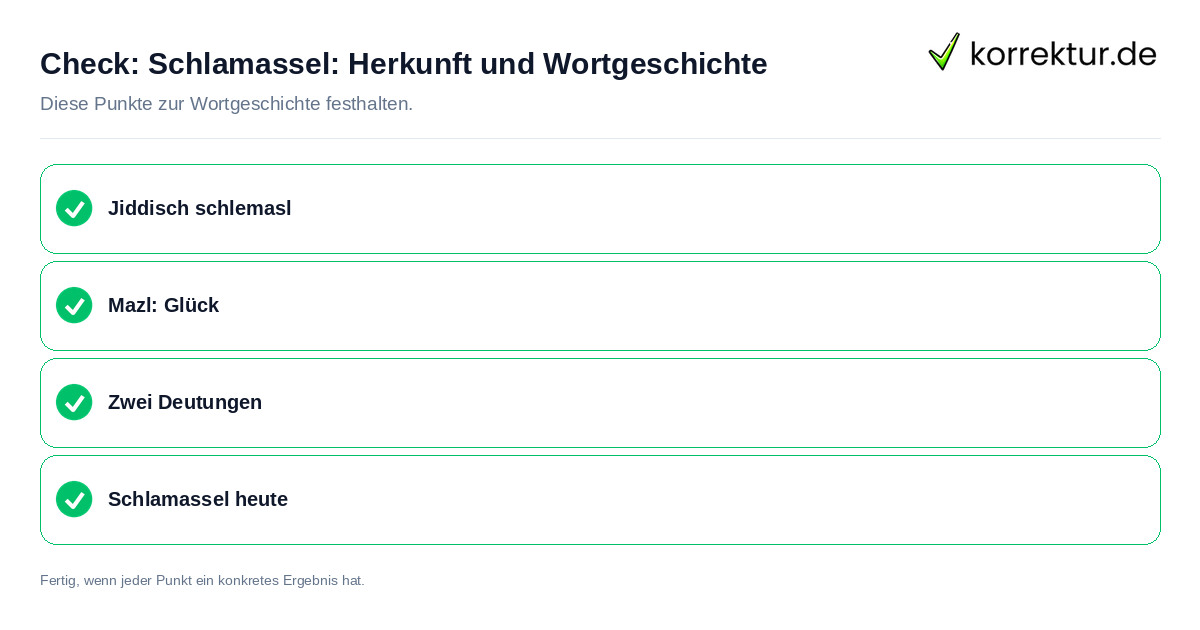 Schlamassel: Herkunft und Wortgeschichte: Prüfliste mit vier Punkten