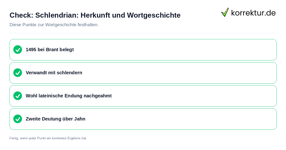 Schlendrian: Herkunft und Wortgeschichte: Prüfliste mit vier Punkten