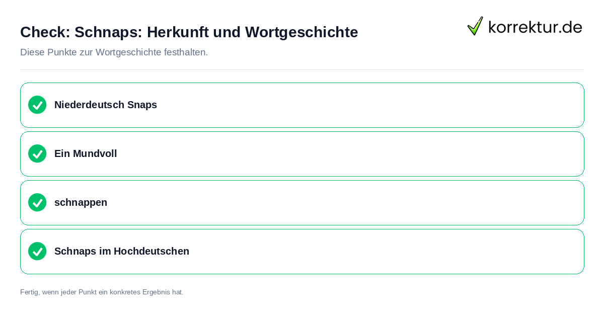Schnaps: Herkunft und Wortgeschichte: Prüfliste mit vier Punkten