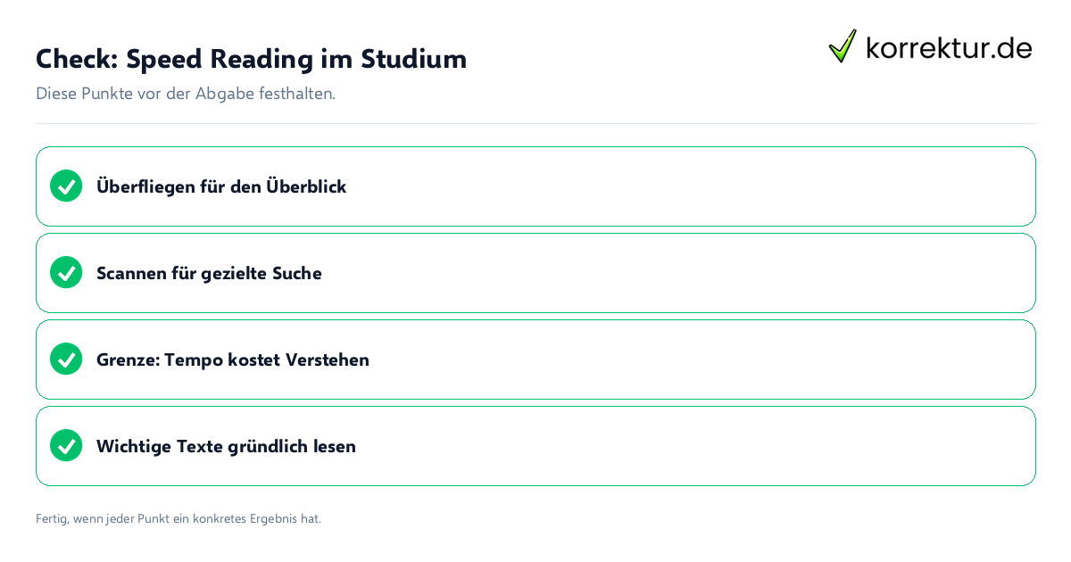 Check: Speed Reading im Studium Speed Reading im Studium: Prüfliste mit vier Punkten