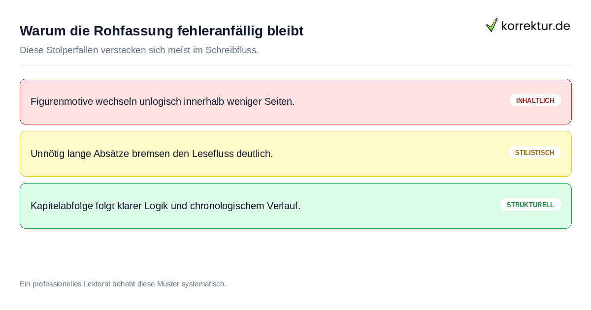 Warum die Rohfassung fehleranfällig bleibt Typische Fehlerquellen in der Rohfassung: Doppelte Motive und Namenswechsel