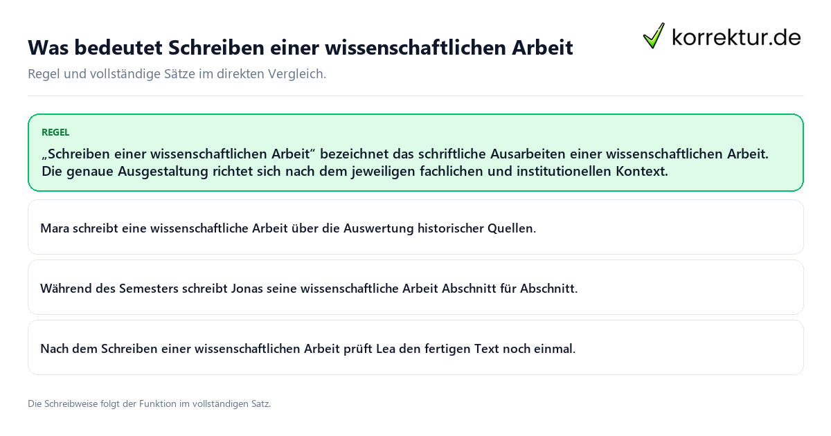 Konkrete Regel und vollständige Beispielsätze zu Was bedeutet Schreiben einer wissenschaftlichen Arbeit