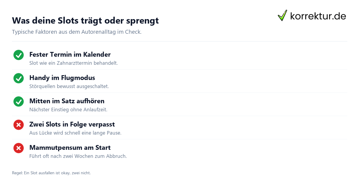 Schreibroutine Checkliste, was Slots schützt und was sie sprengt