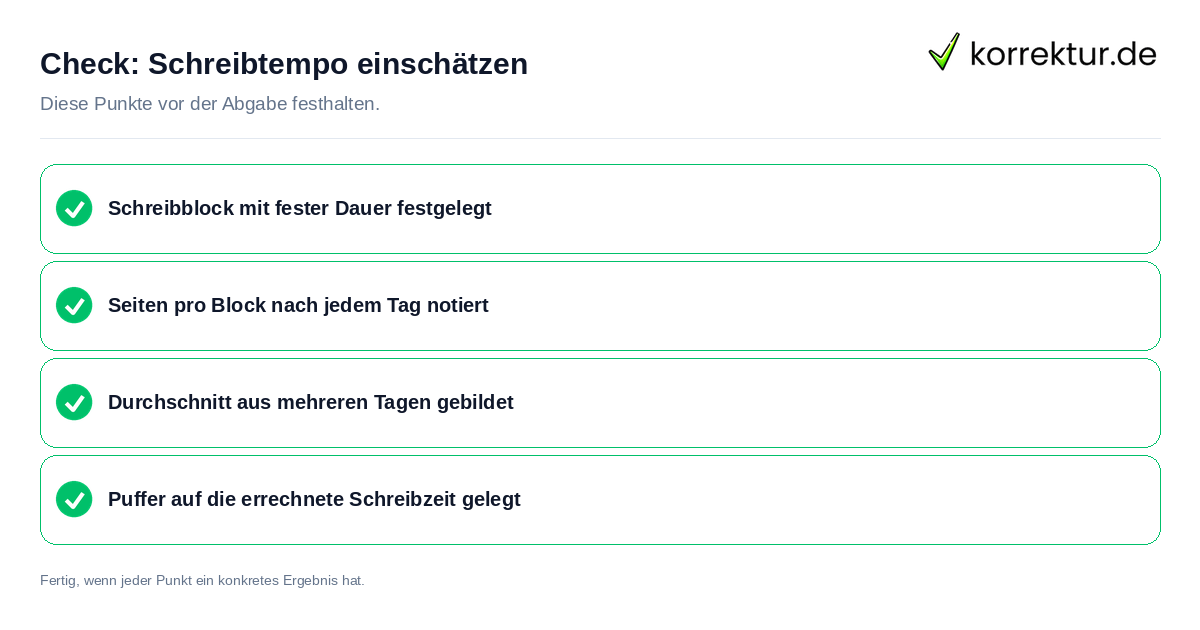 Schreibtempo einschätzen: Prüfliste mit vier Punkten