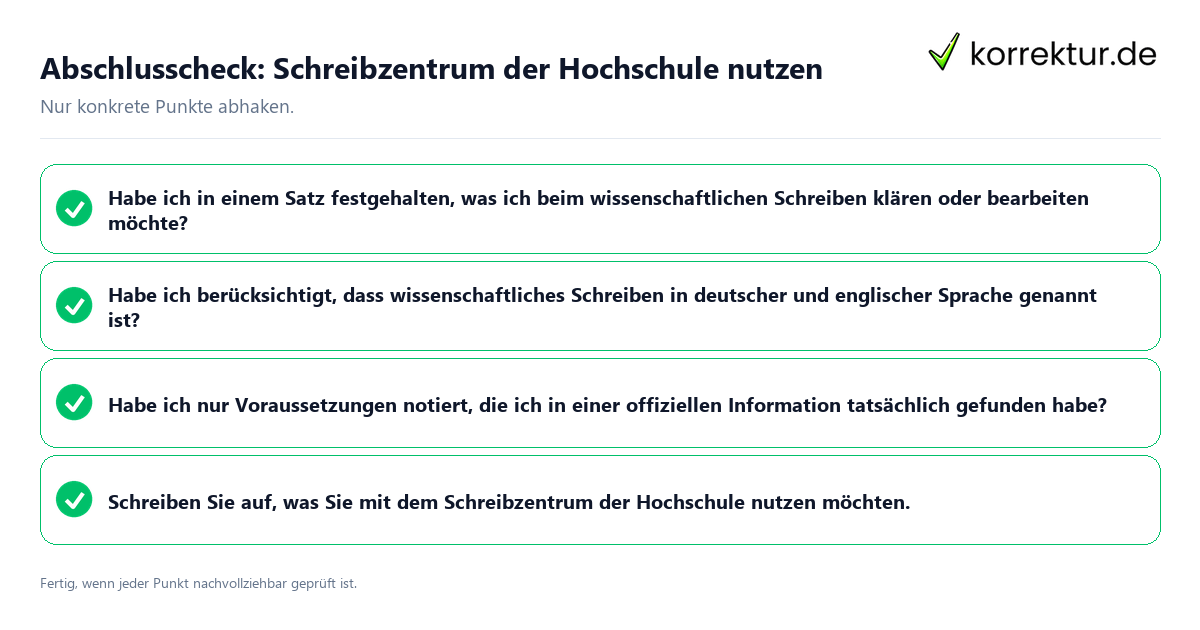 Konkreter Abschlusscheck zu Schreibzentrum der Hochschule nutzen