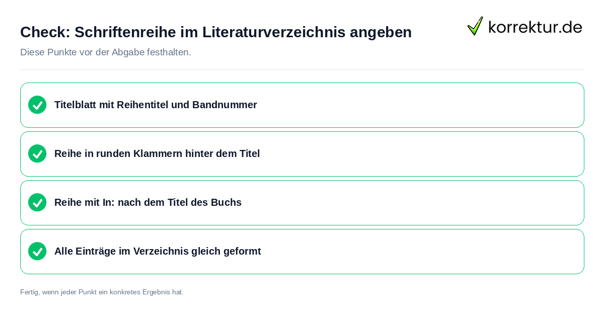 Schriftenreihe im Literaturverzeichnis angeben: Prüfliste mit vier Punkten