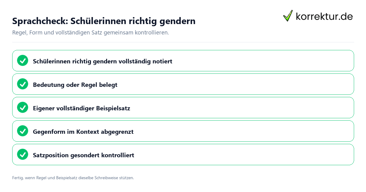 Konkreter Sprachcheck zu Schülerinnen richtig gendern mit Regel und vollständigem Beispielsatz
