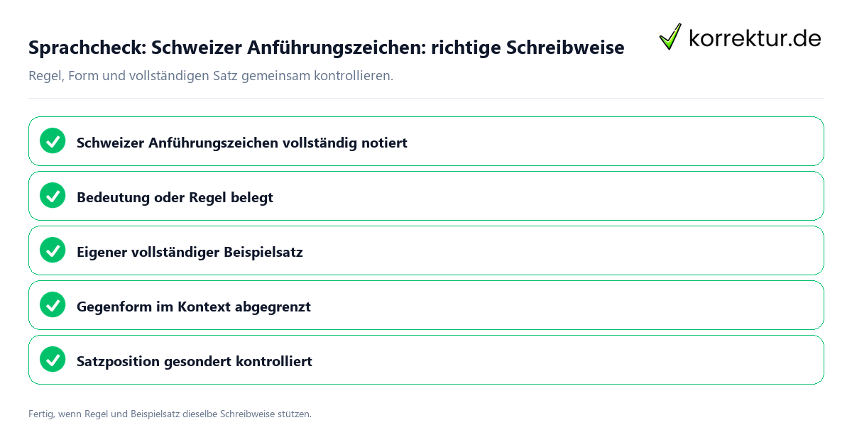 Sprachcheck: Schweizer Anführungszeichen: richtige Schreibweise Konkreter Sprachcheck zu Schweizer Anführungszeichen: richtige Schreibweise mit Regel und vollständigem Beispielsatz