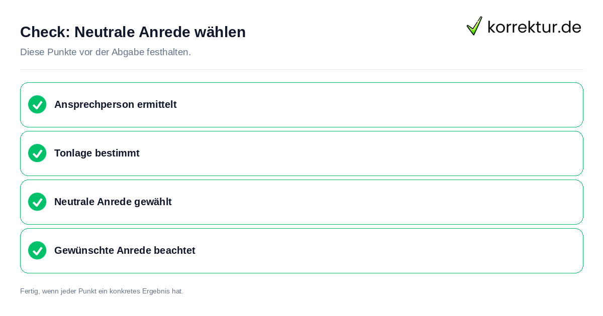 Check: Neutrale Anrede wählen Neutrale Anrede wählen: Prüfliste mit vier Punkten