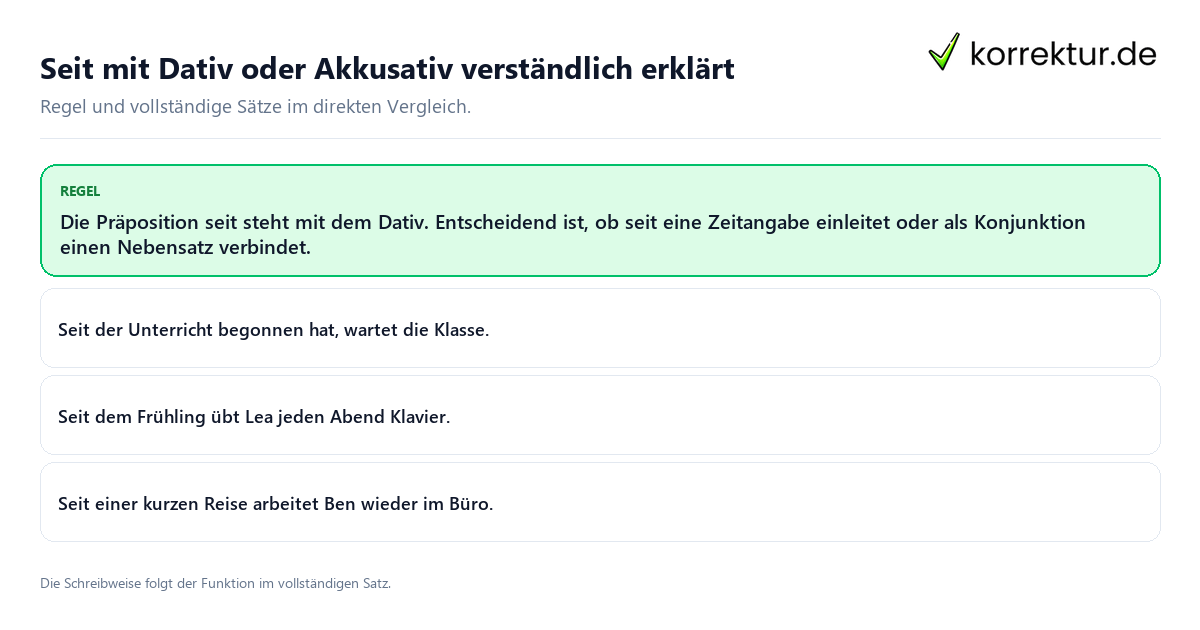Konkrete Regel und vollständige Beispielsätze zu Seit mit Dativ oder Akkusativ verständlich erklärt