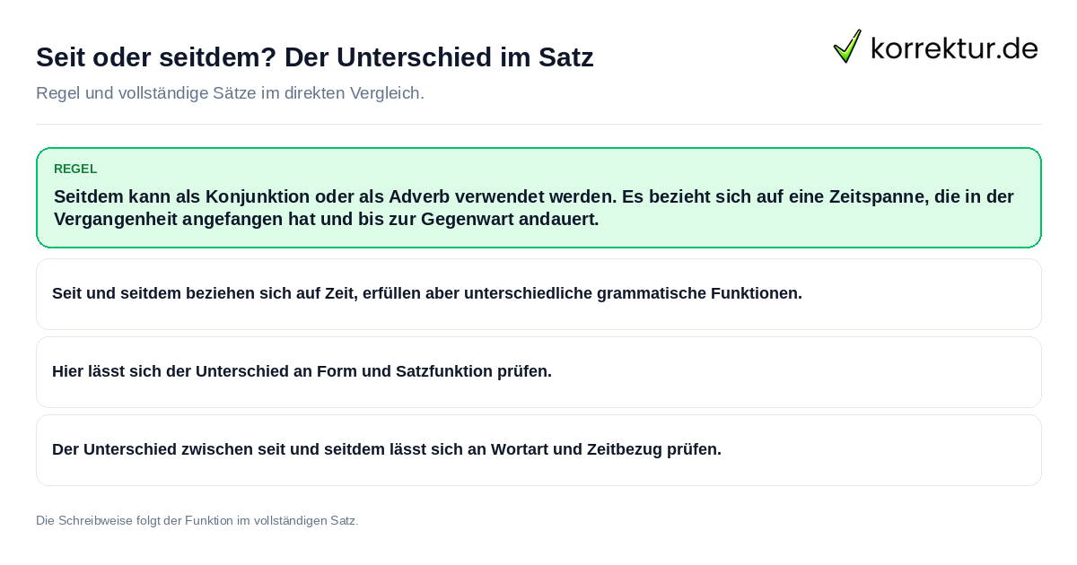 Seit oder seitdem? Der Unterschied im Satz Konkrete Regel und vollständige Beispielsätze zu Seit oder seitdem? Der Unterschied im Satz