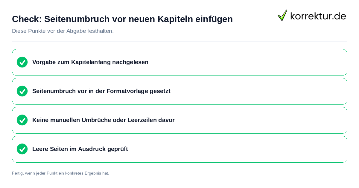 Seitenumbruch vor neuen Kapiteln einfügen: Prüfliste mit vier Punkten