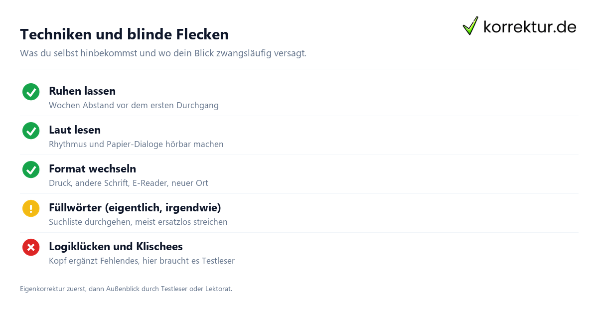 Techniken und blinde Flecken Checkliste Selbstlektorat: Techniken, Suchlisten und blinde Flecken