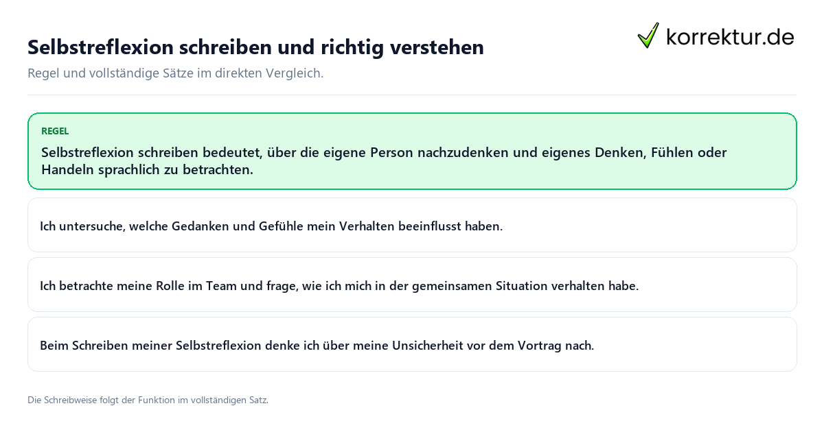Selbstreflexion schreiben und richtig verstehen Konkrete Regel und vollständige Beispielsätze zu Selbstreflexion schreiben und richtig verstehen