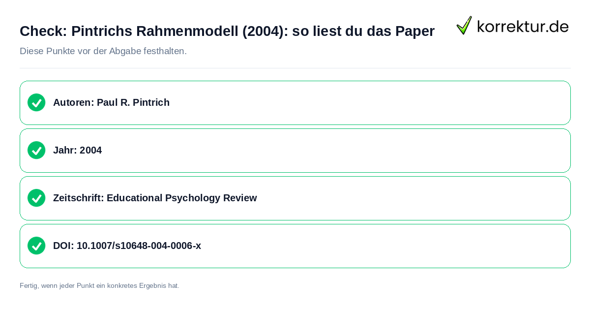 Check: Pintrichs Rahmenmodell (2004): so liest du das Paper Pintrichs Rahmenmodell (2004): so liest du das Paper: Prüfliste mit vier Punkten