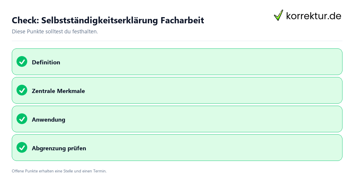 Selbstständigkeitserklärung Facharbeit mit Checkliste für Unterlagen und nächste Schritte