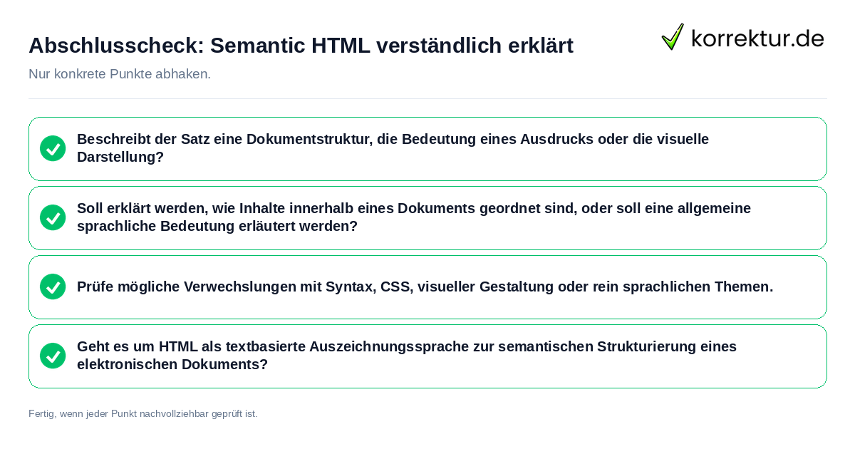 Abschlusscheck: Semantic HTML verständlich erklärt Konkreter Abschlusscheck zu Semantic HTML verständlich erklärt