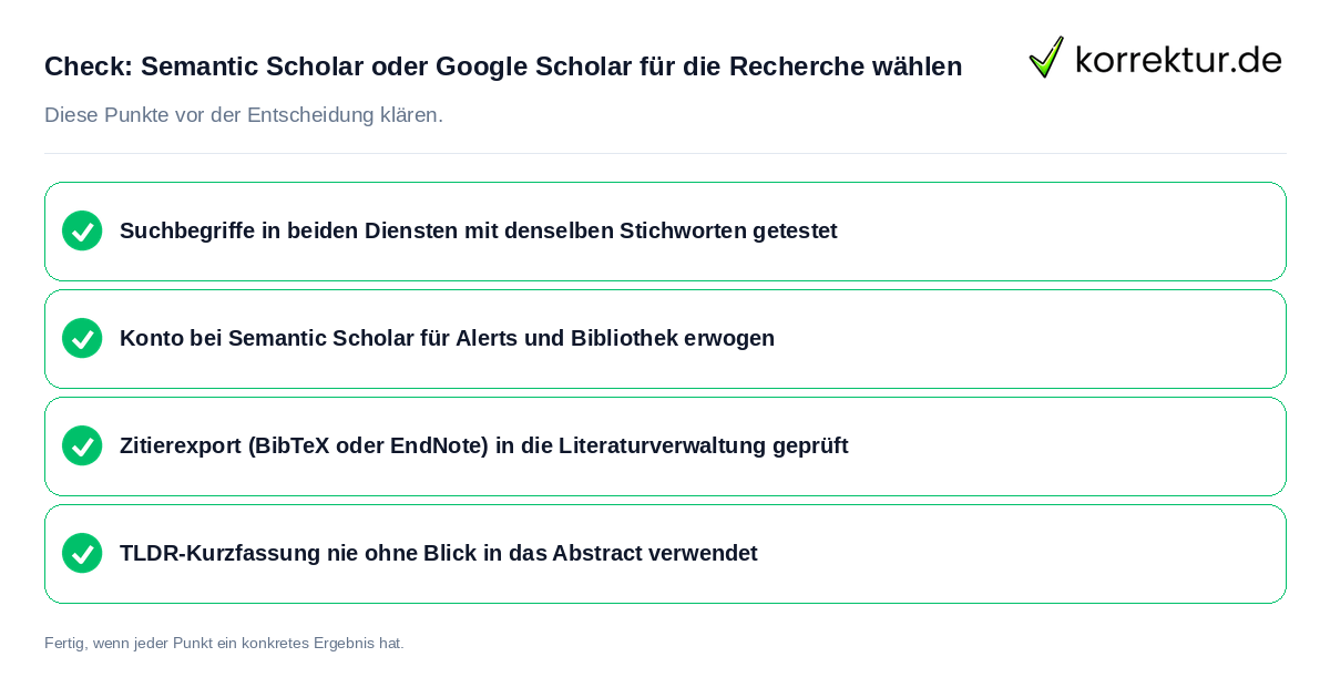 Semantic Scholar oder Google Scholar für die Recherche wählen: Prüfliste mit vier Punkten