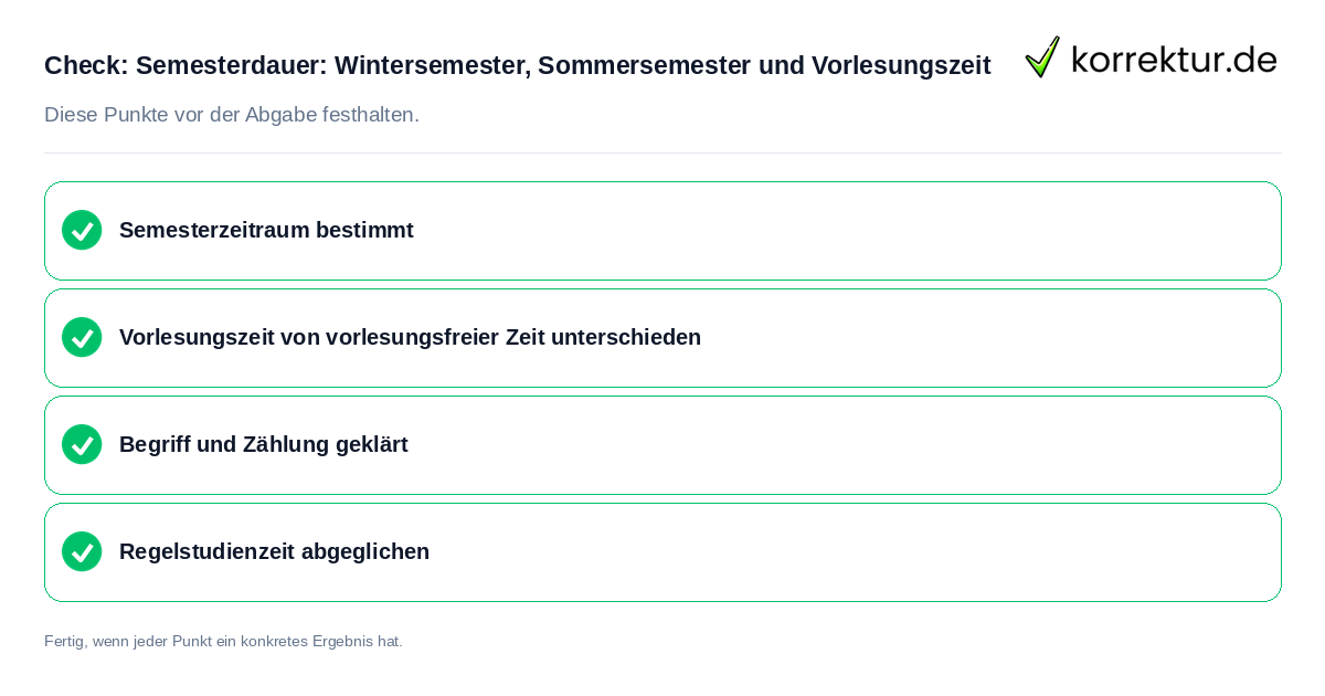 Check: Semesterdauer: Wintersemester, Sommersemester und Vorlesungszeit Semesterdauer: Wintersemester, Sommersemester und Vorlesungszeit: Prüfliste mit vier Punkten