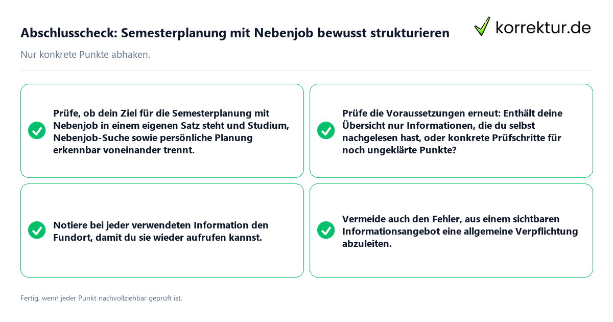 Konkreter Abschlusscheck zu Semesterplanung mit Nebenjob bewusst strukturieren