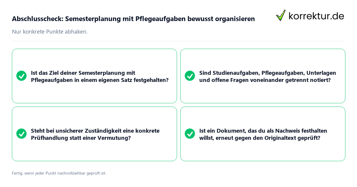 Abschlusscheck: Semesterplanung mit Pflegeaufgaben bewusst organisieren Konkreter Abschlusscheck zu Semesterplanung mit Pflegeaufgaben bewusst organisieren