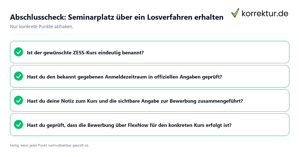 Konkreter Abschlusscheck zu Seminarplatz über ein Losverfahren erhalten