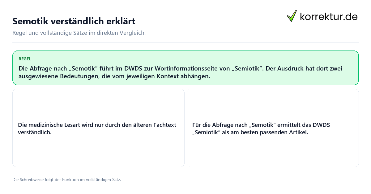 Konkrete Regel und vollständige Beispielsätze zu Semotik verständlich erklärt