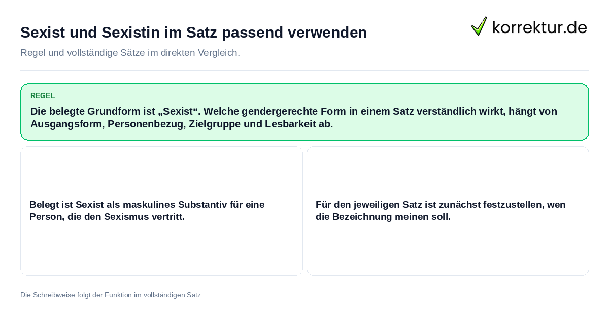 Konkrete Regel und vollständige Beispielsätze zu Sexist und Sexistin im Satz passend verwenden