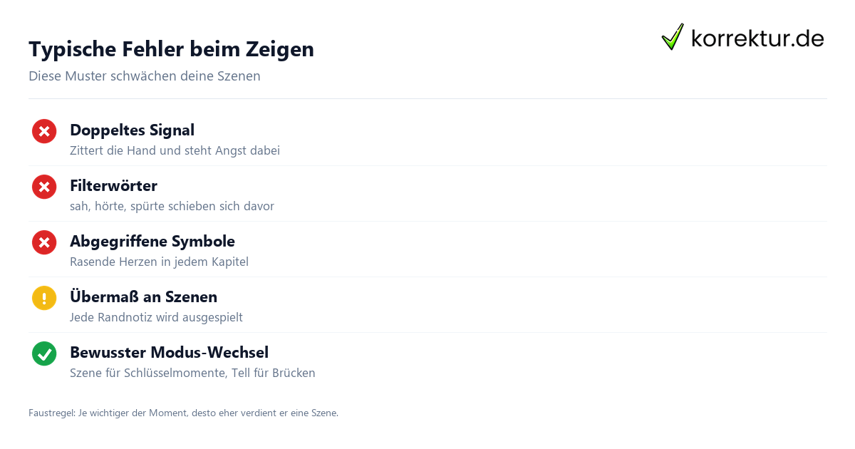 Show don't tell Checkliste: typische Fehler beim Zeigen im Roman