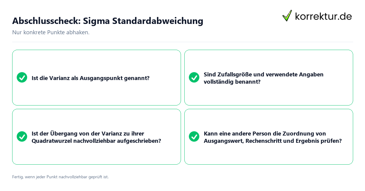 Konkreter Abschlusscheck zu Sigma Standardabweichung