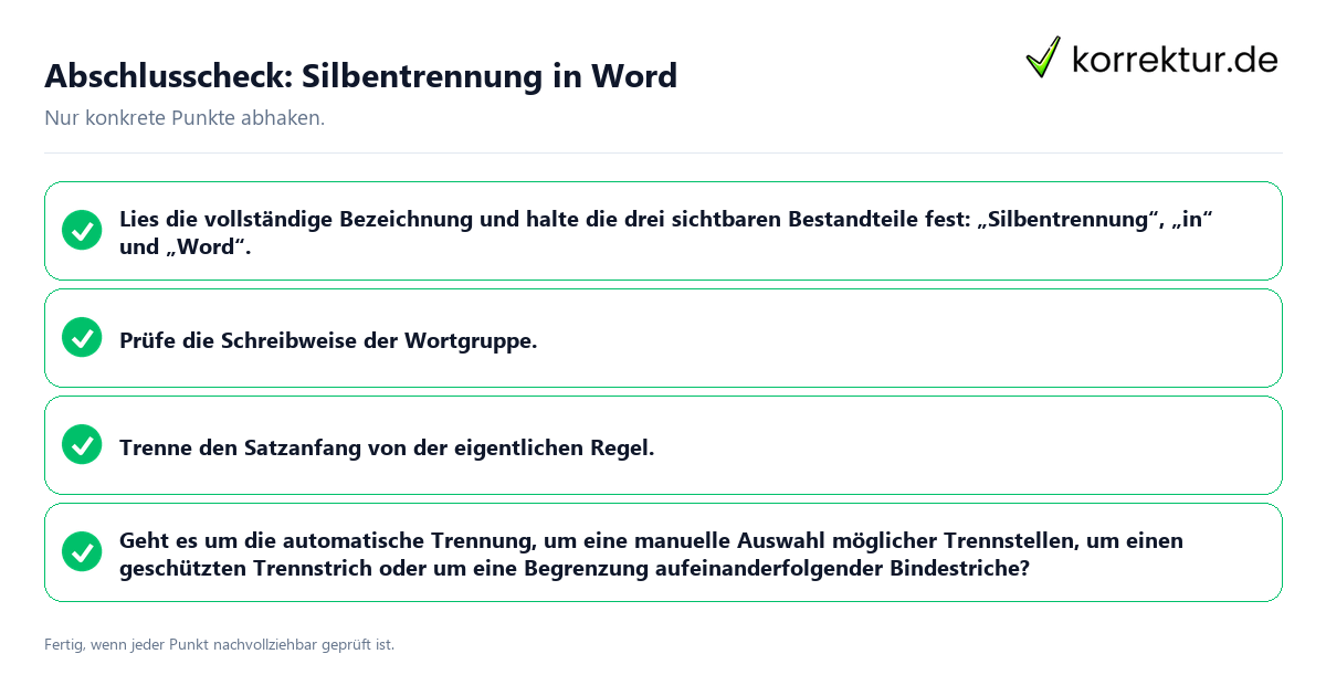 Konkreter Abschlusscheck zu Silbentrennung in Word