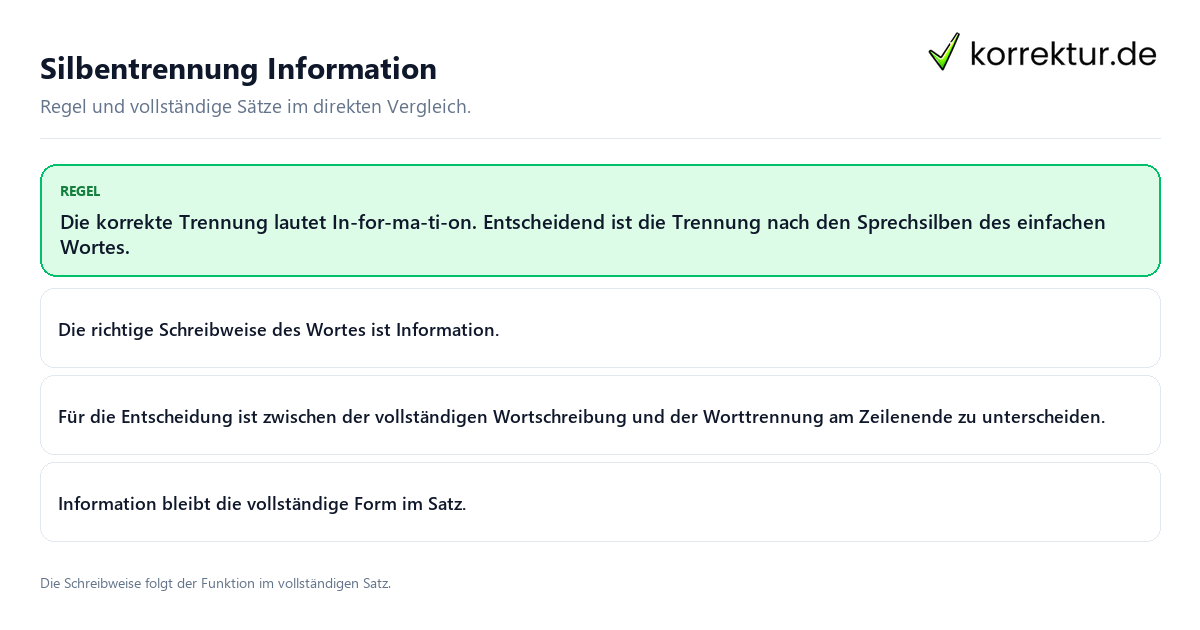 Konkrete Regel und vollständige Beispielsätze zu Silbentrennung Information
