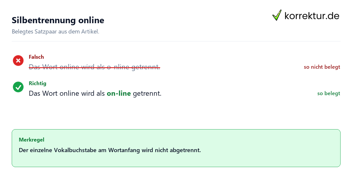 Falsches und richtiges Satzbeispiel zu Silbentrennung online