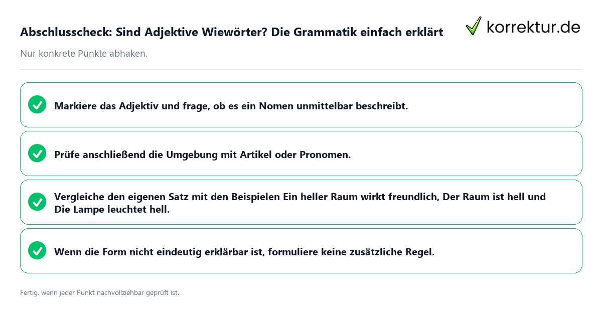 Konkreter Abschlusscheck zu Sind Adjektive Wiewörter? Die Grammatik einfach erklärt
