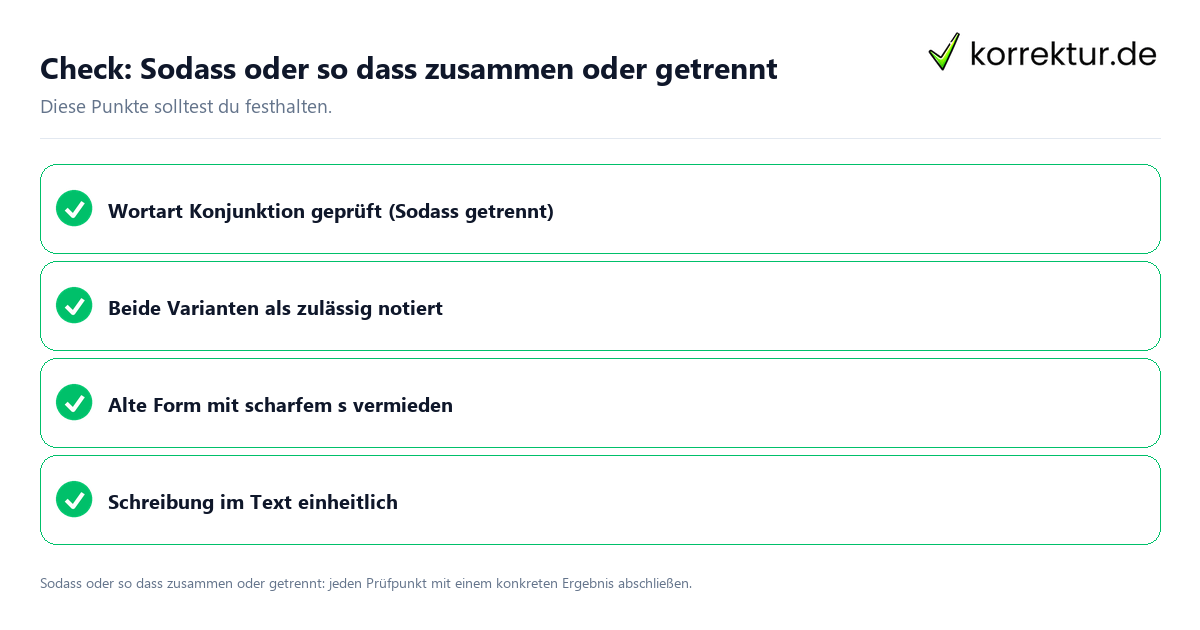 Check: Sodass oder so dass zusammen oder getrennt Sodass oder so dass zusammen oder getrennt mit einer themenspezifischen Checkliste